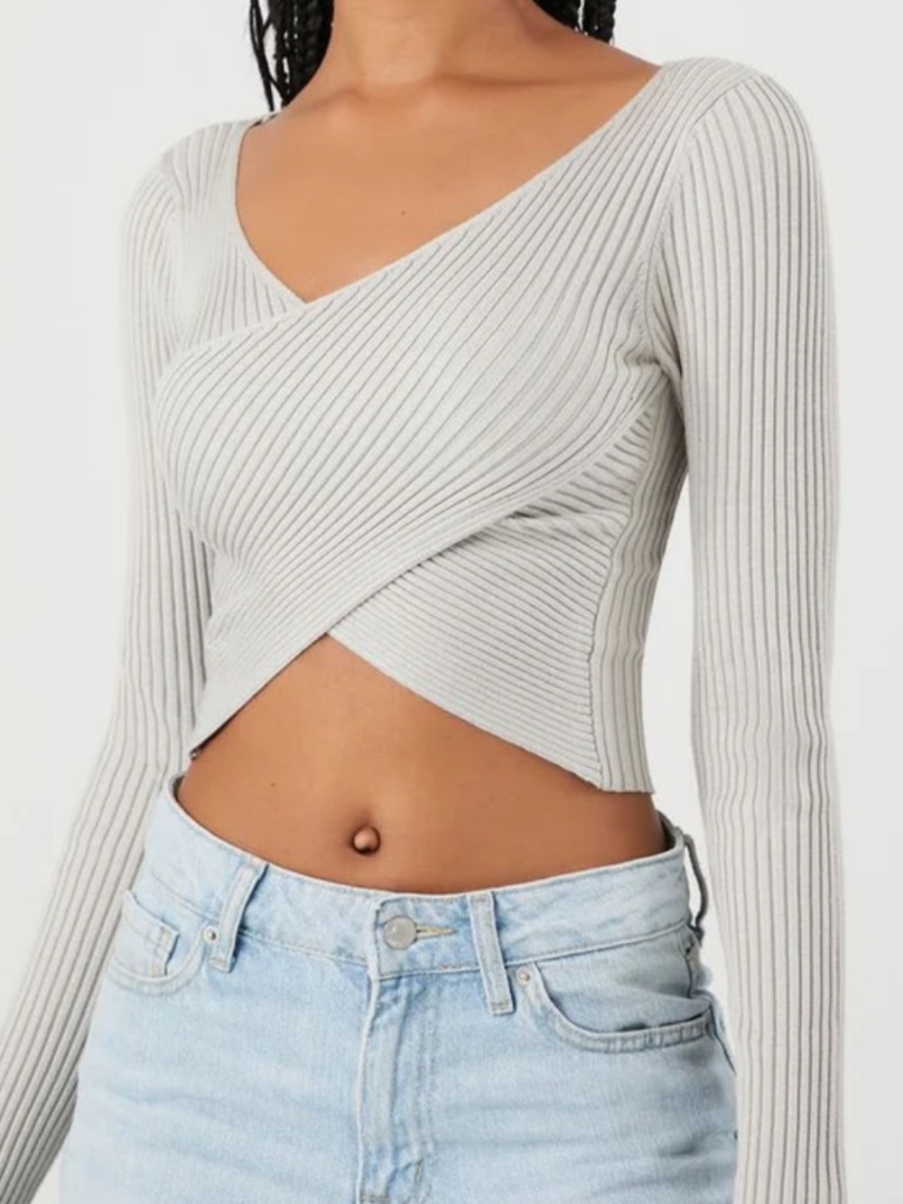 Forever 21 | BLACK Crossover Cropped Rib-knit V-Neck Surplice Sweater